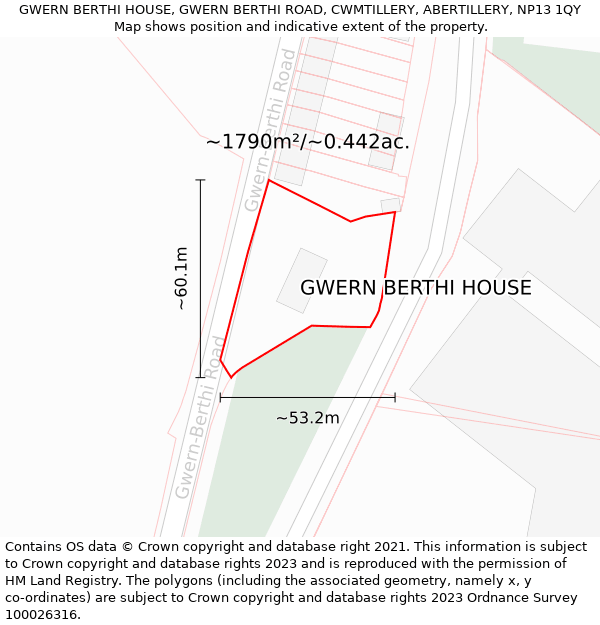 GWERN BERTHI HOUSE, GWERN BERTHI ROAD, CWMTILLERY, ABERTILLERY, NP13 1QY: Plot and title map