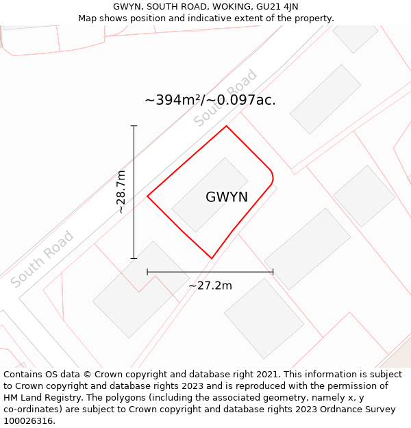 GWYN, SOUTH ROAD, WOKING, GU21 4JN: Plot and title map