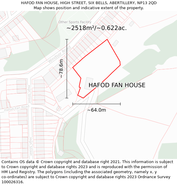 HAFOD FAN HOUSE, HIGH STREET, SIX BELLS, ABERTILLERY, NP13 2QD: Plot and title map