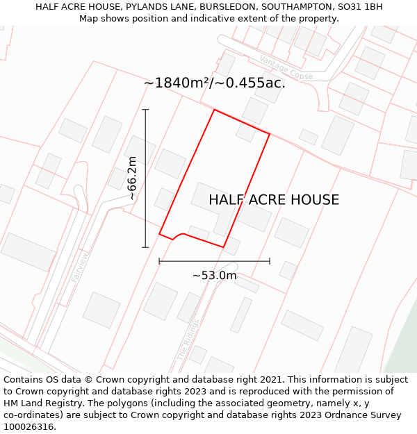 HALF ACRE HOUSE, PYLANDS LANE, BURSLEDON, SOUTHAMPTON, SO31 1BH: Plot and title map