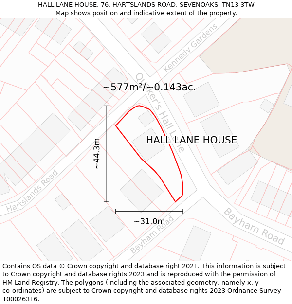 HALL LANE HOUSE, 76, HARTSLANDS ROAD, SEVENOAKS, TN13 3TW: Plot and title map