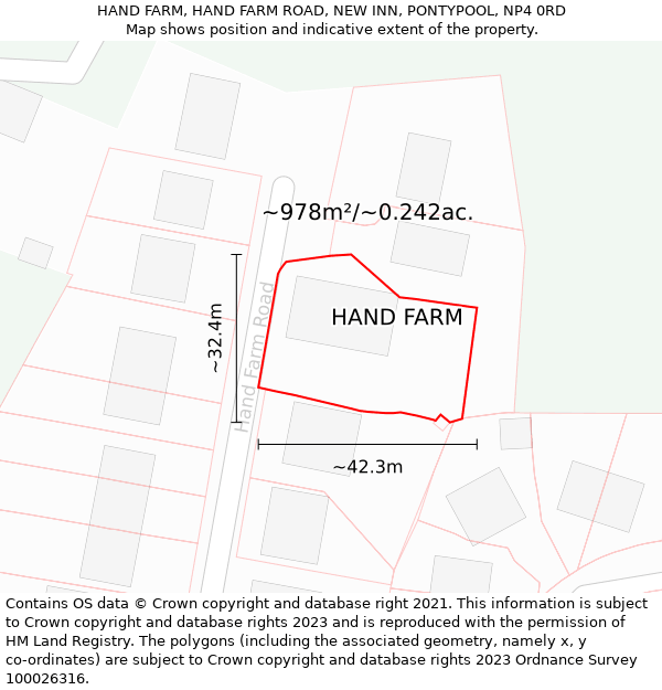 HAND FARM, HAND FARM ROAD, NEW INN, PONTYPOOL, NP4 0RD: Plot and title map