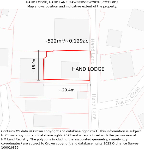 HAND LODGE, HAND LANE, SAWBRIDGEWORTH, CM21 0DS: Plot and title map