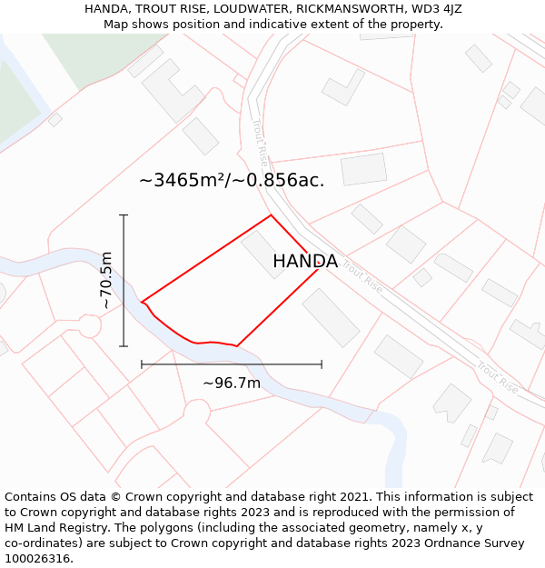 HANDA, TROUT RISE, LOUDWATER, RICKMANSWORTH, WD3 4JZ: Plot and title map