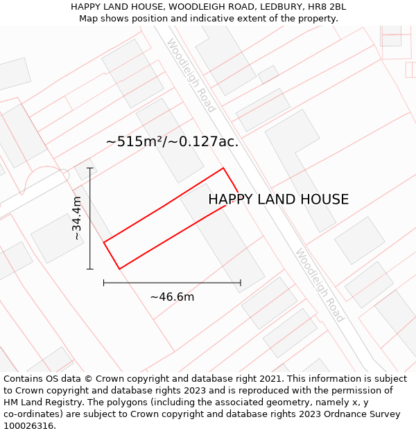 HAPPY LAND HOUSE, WOODLEIGH ROAD, LEDBURY, HR8 2BL: Plot and title map
