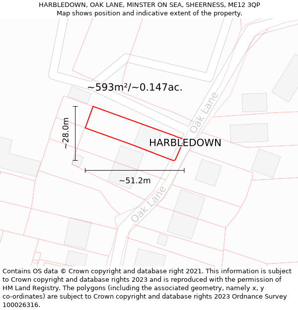 HARBLEDOWN, OAK LANE, MINSTER ON SEA, SHEERNESS, ME12 3QP: Plot and title map