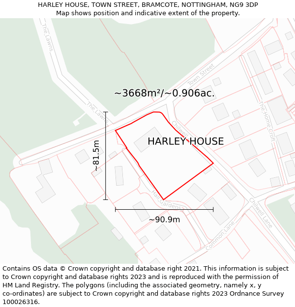 HARLEY HOUSE, TOWN STREET, BRAMCOTE, NOTTINGHAM, NG9 3DP: Plot and title map