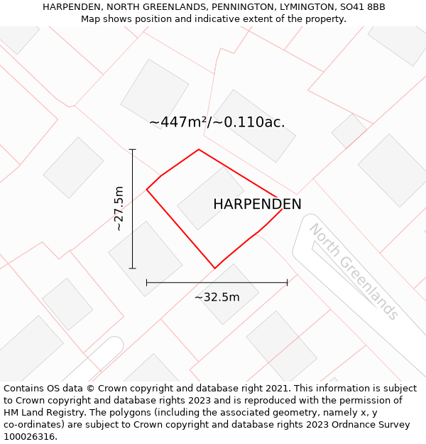 HARPENDEN, NORTH GREENLANDS, PENNINGTON, LYMINGTON, SO41 8BB: Plot and title map