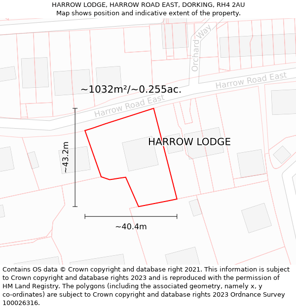 HARROW LODGE, HARROW ROAD EAST, DORKING, RH4 2AU: Plot and title map