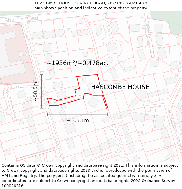 HASCOMBE HOUSE, GRANGE ROAD, WOKING, GU21 4DA: Plot and title map