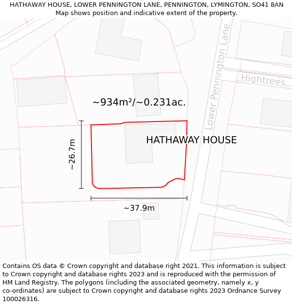 HATHAWAY HOUSE, LOWER PENNINGTON LANE, PENNINGTON, LYMINGTON, SO41 8AN: Plot and title map