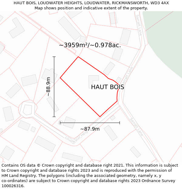 HAUT BOIS, LOUDWATER HEIGHTS, LOUDWATER, RICKMANSWORTH, WD3 4AX: Plot and title map