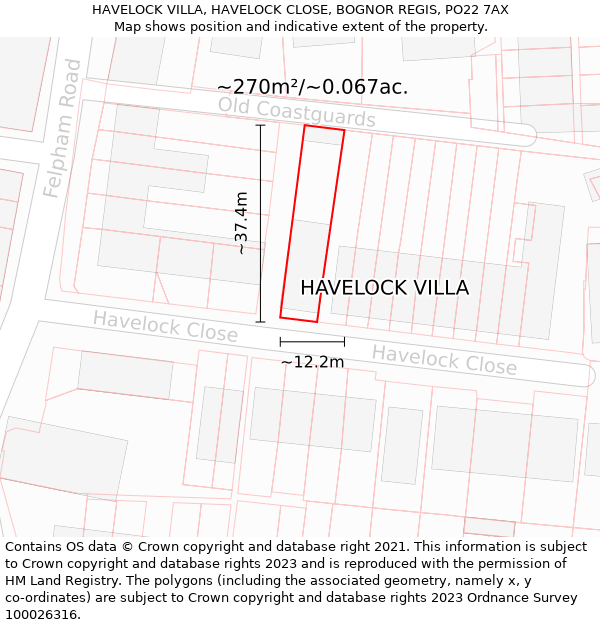 HAVELOCK VILLA, HAVELOCK CLOSE, BOGNOR REGIS, PO22 7AX: Plot and title map