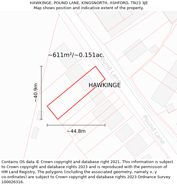 HAWKINGE, POUND LANE, KINGSNORTH, ASHFORD, TN23 3JE: Plot and title map