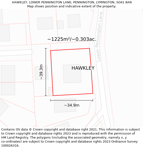 HAWKLEY, LOWER PENNINGTON LANE, PENNINGTON, LYMINGTON, SO41 8AN: Plot and title map