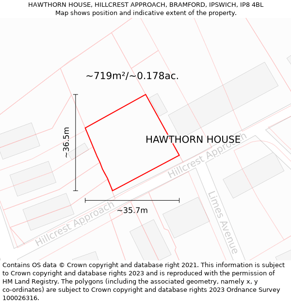 HAWTHORN HOUSE, HILLCREST APPROACH, BRAMFORD, IPSWICH, IP8 4BL: Plot and title map