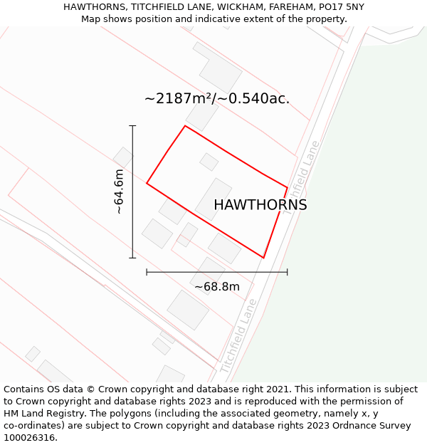 HAWTHORNS, TITCHFIELD LANE, WICKHAM, FAREHAM, PO17 5NY: Plot and title map