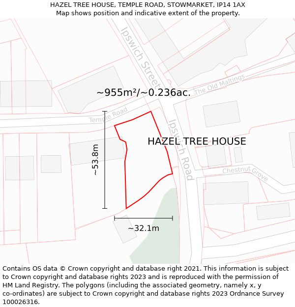 HAZEL TREE HOUSE, TEMPLE ROAD, STOWMARKET, IP14 1AX: Plot and title map