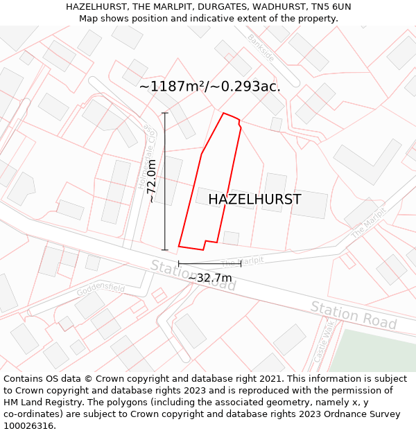 HAZELHURST, THE MARLPIT, DURGATES, WADHURST, TN5 6UN: Plot and title map