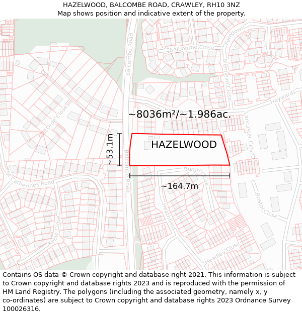 HAZELWOOD, BALCOMBE ROAD, CRAWLEY, RH10 3NZ: Plot and title map