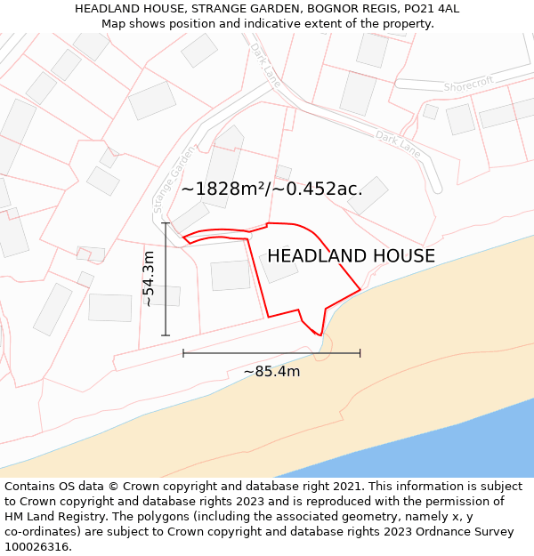 HEADLAND HOUSE, STRANGE GARDEN, BOGNOR REGIS, PO21 4AL: Plot and title map