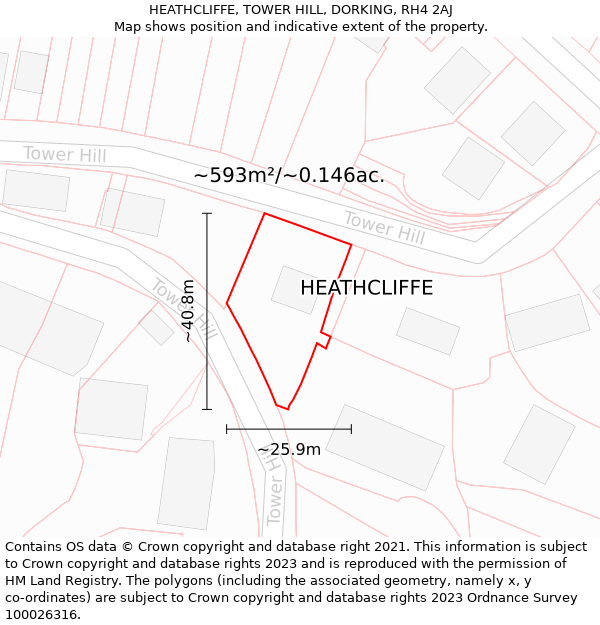 HEATHCLIFFE, TOWER HILL, DORKING, RH4 2AJ: Plot and title map