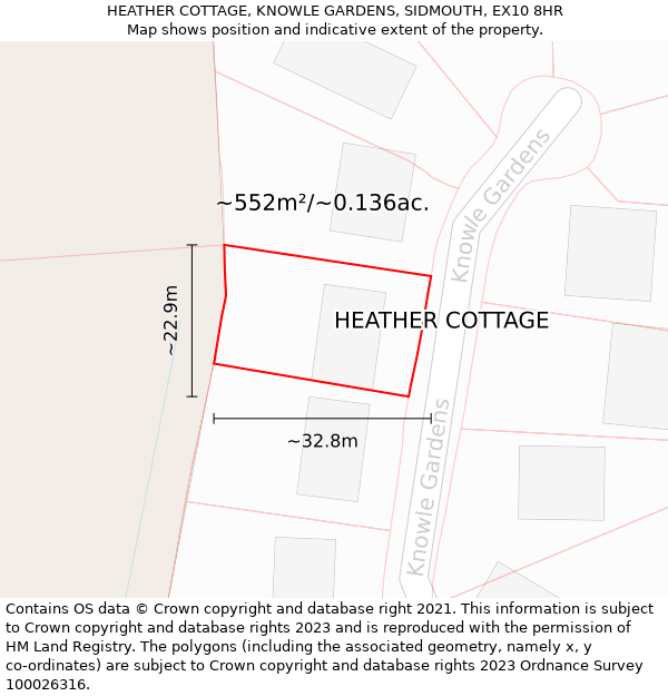 HEATHER COTTAGE, KNOWLE GARDENS, SIDMOUTH, EX10 8HR: Plot and title map