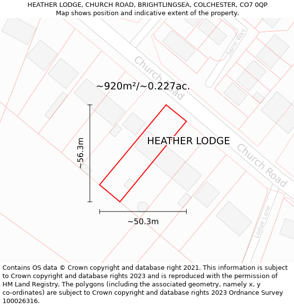 HEATHER LODGE, CHURCH ROAD, BRIGHTLINGSEA, COLCHESTER, CO7 0QP: Plot and title map