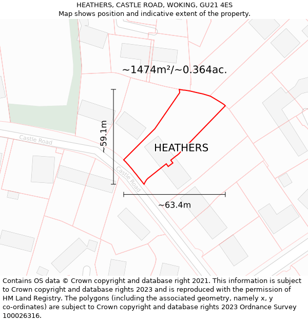 HEATHERS, CASTLE ROAD, WOKING, GU21 4ES: Plot and title map