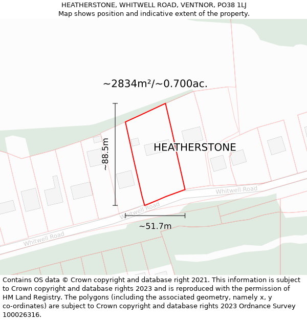 HEATHERSTONE, WHITWELL ROAD, VENTNOR, PO38 1LJ: Plot and title map