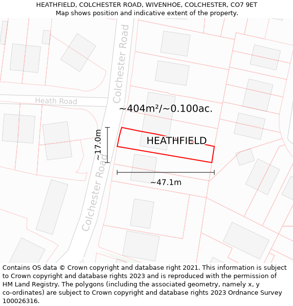 HEATHFIELD, COLCHESTER ROAD, WIVENHOE, COLCHESTER, CO7 9ET: Plot and title map