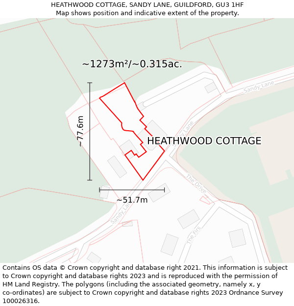 HEATHWOOD COTTAGE, SANDY LANE, GUILDFORD, GU3 1HF: Plot and title map