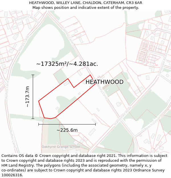 HEATHWOOD, WILLEY LANE, CHALDON, CATERHAM, CR3 6AR: Plot and title map