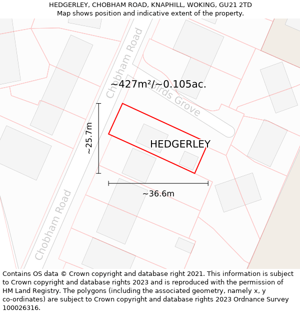 HEDGERLEY, CHOBHAM ROAD, KNAPHILL, WOKING, GU21 2TD: Plot and title map