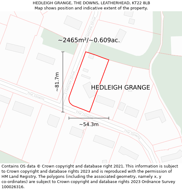 HEDLEIGH GRANGE, THE DOWNS, LEATHERHEAD, KT22 8LB: Plot and title map