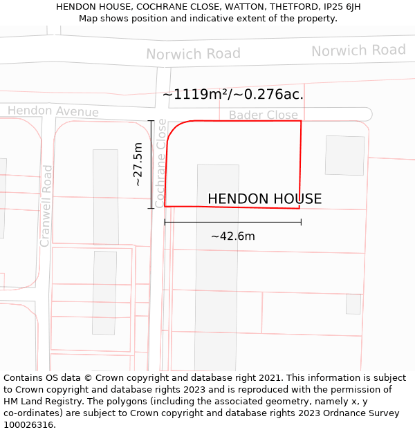 HENDON HOUSE, COCHRANE CLOSE, WATTON, THETFORD, IP25 6JH: Plot and title map