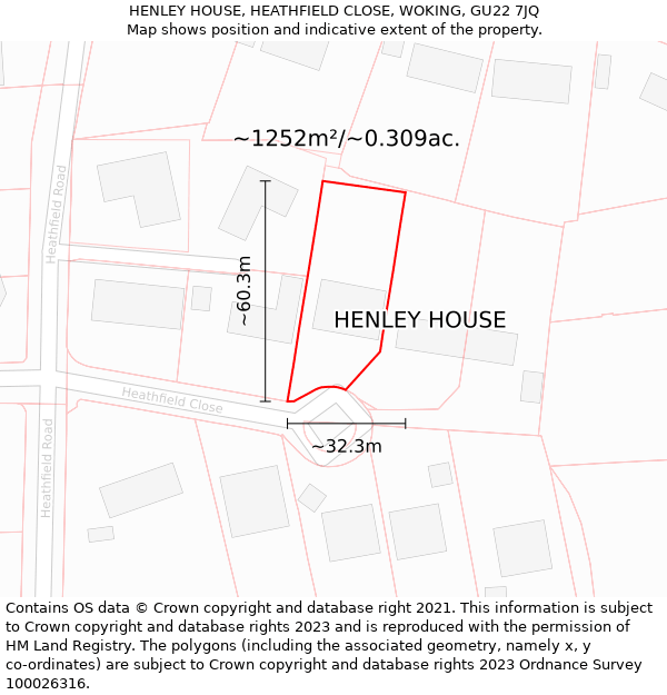 HENLEY HOUSE, HEATHFIELD CLOSE, WOKING, GU22 7JQ: Plot and title map