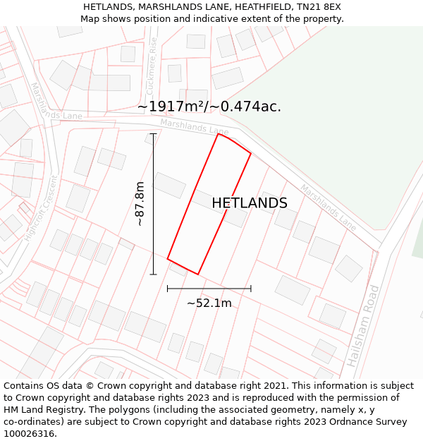 HETLANDS, MARSHLANDS LANE, HEATHFIELD, TN21 8EX: Plot and title map