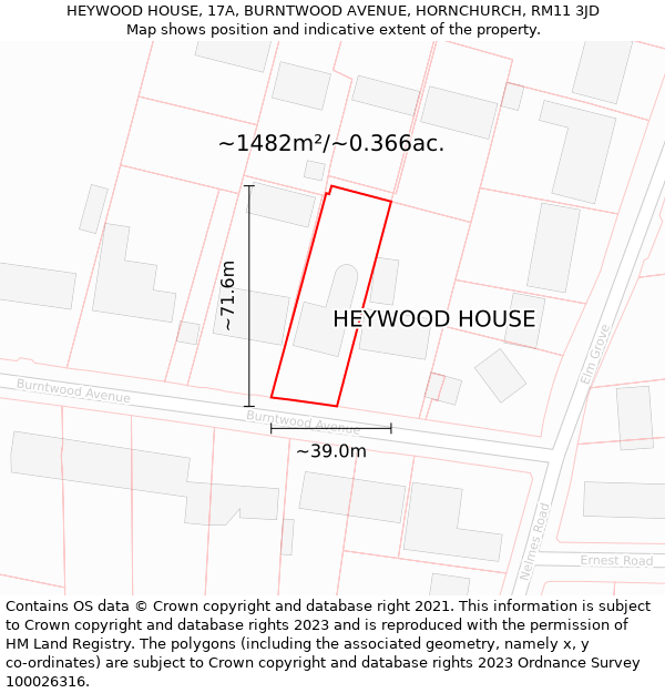 HEYWOOD HOUSE, 17A, BURNTWOOD AVENUE, HORNCHURCH, RM11 3JD: Plot and title map
