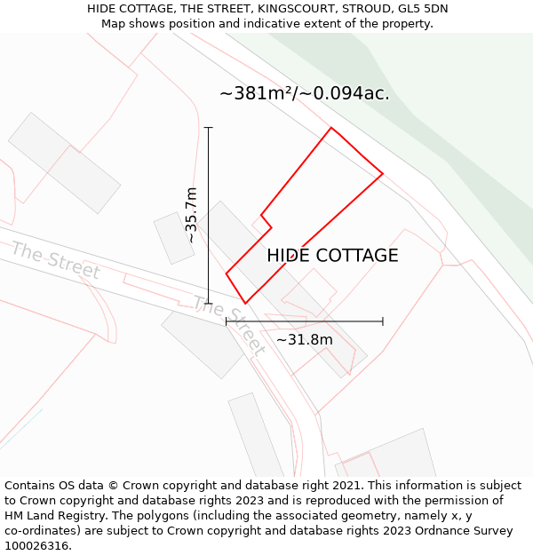 HIDE COTTAGE, THE STREET, KINGSCOURT, STROUD, GL5 5DN: Plot and title map