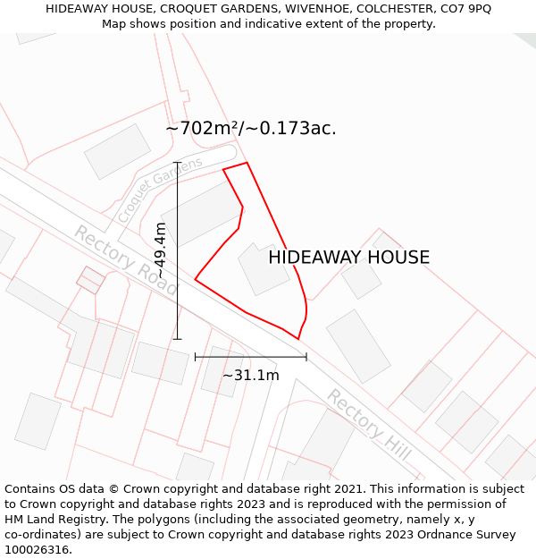 HIDEAWAY HOUSE, CROQUET GARDENS, WIVENHOE, COLCHESTER, CO7 9PQ: Plot and title map