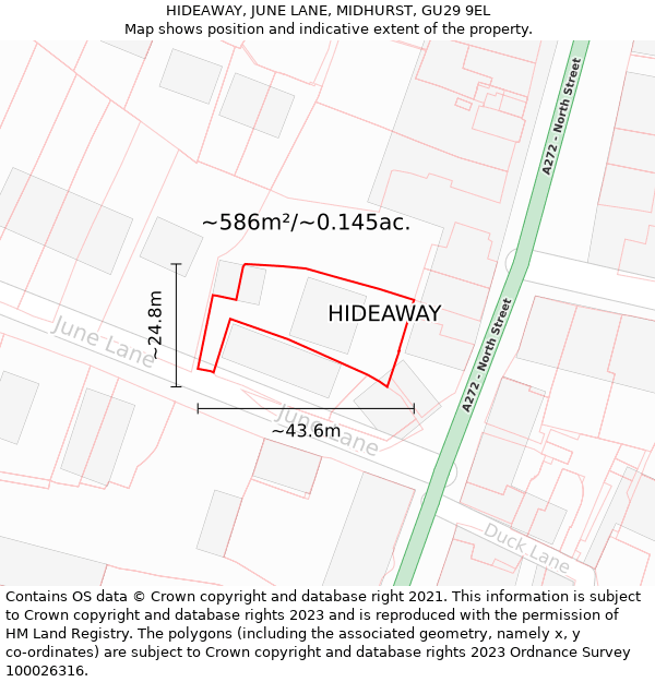 HIDEAWAY, JUNE LANE, MIDHURST, GU29 9EL: Plot and title map