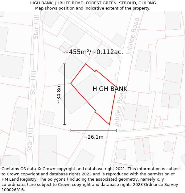 HIGH BANK, JUBILEE ROAD, FOREST GREEN, STROUD, GL6 0NG: Plot and title map