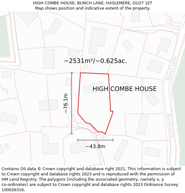 HIGH COMBE HOUSE, BUNCH LANE, HASLEMERE, GU27 1ET: Plot and title map
