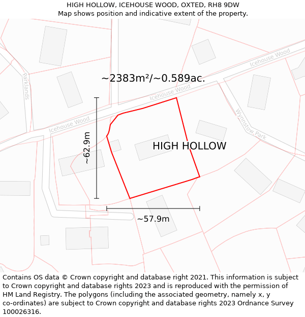 HIGH HOLLOW, ICEHOUSE WOOD, OXTED, RH8 9DW: Plot and title map
