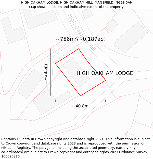 HIGH OAKHAM LODGE, HIGH OAKHAM HILL, MANSFIELD, NG18 5AH: Plot and title map