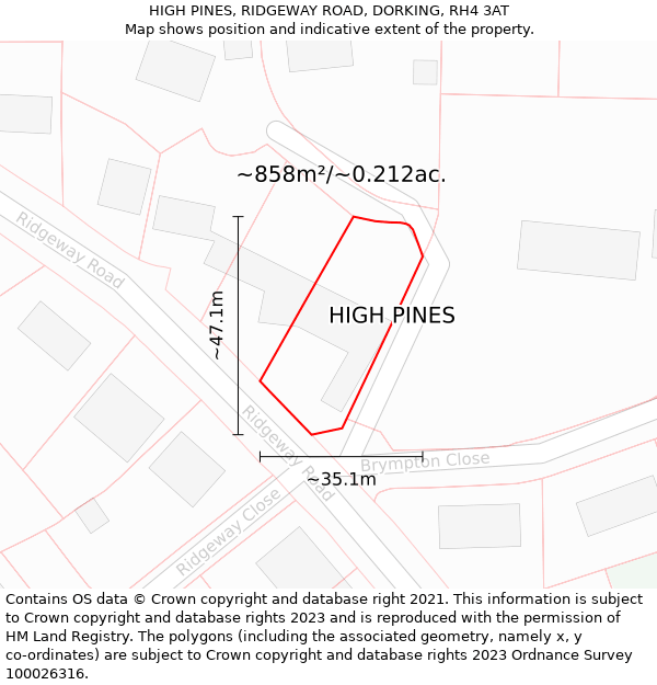 HIGH PINES, RIDGEWAY ROAD, DORKING, RH4 3AT: Plot and title map