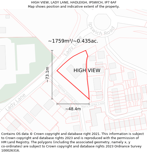 HIGH VIEW, LADY LANE, HADLEIGH, IPSWICH, IP7 6AF: Plot and title map
