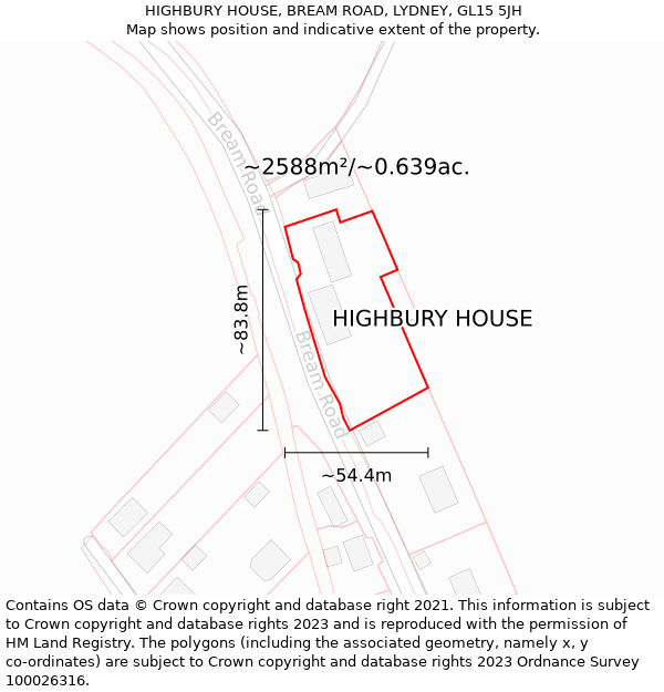 HIGHBURY HOUSE, BREAM ROAD, LYDNEY, GL15 5JH: Plot and title map
