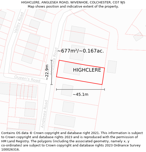 HIGHCLERE, ANGLESEA ROAD, WIVENHOE, COLCHESTER, CO7 9JS: Plot and title map